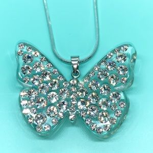 Transparent Lucite Crystal Butterfly Pendant With Sterling Silver Chain